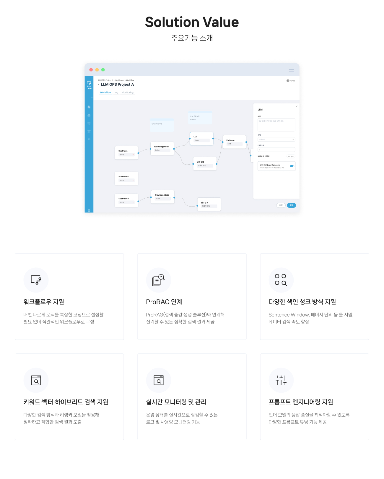 1.워크플로우 지원 : 매번 다르게 로직을 복잡한 코딩으로 설정할 필요 없이 직관적인 워크플로우로 구성, 2.ProRAG 연계 : ProRAG(검색 증강 생성 솔루션)와 연계해 신뢰할 수 있는 정확한 검색 결과 제공, 3.다양한 색인 청크 방식 지원 : Sentence Window, 페이지 단위 등 을 지원, 
                데이터 검색 속도 향상, 4.키워드·벡터·하이브리드 검색 지원 : 다양한 검색 방식과 리랭커 모델을 활용해 정확하고 적합한 검색 결과 도출, 5.실시간 모니터링 및 관리 : 운영 상태를 실시간으로 점검할 수 있는 로그 및 사용량 모니터링 기능, 6.프롬프트 엔지니어링 지원 : 언어 모델의 응답 품질을 최적화할 수 있도록 다양한 프롬프트 튜닝 기능 제공